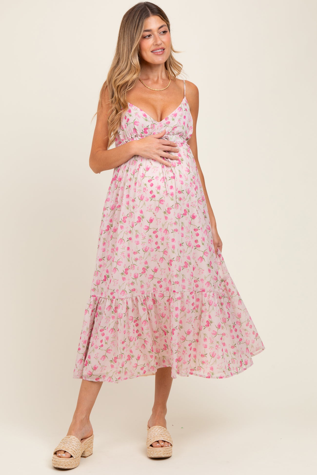 Pink Floral V-Neck Sleeveless Side Tie Maternity Midi Dress