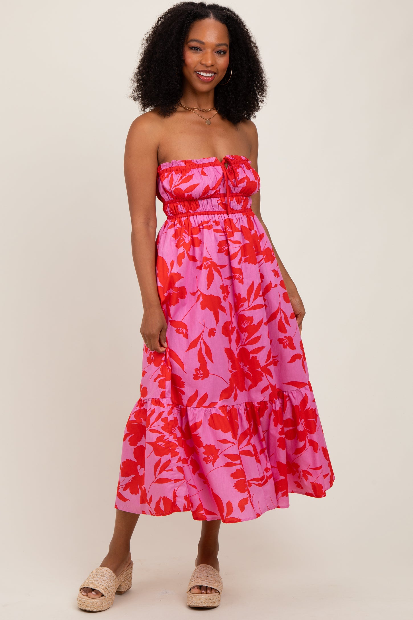 Pink Floral Strapless Front Tie Midi Dress