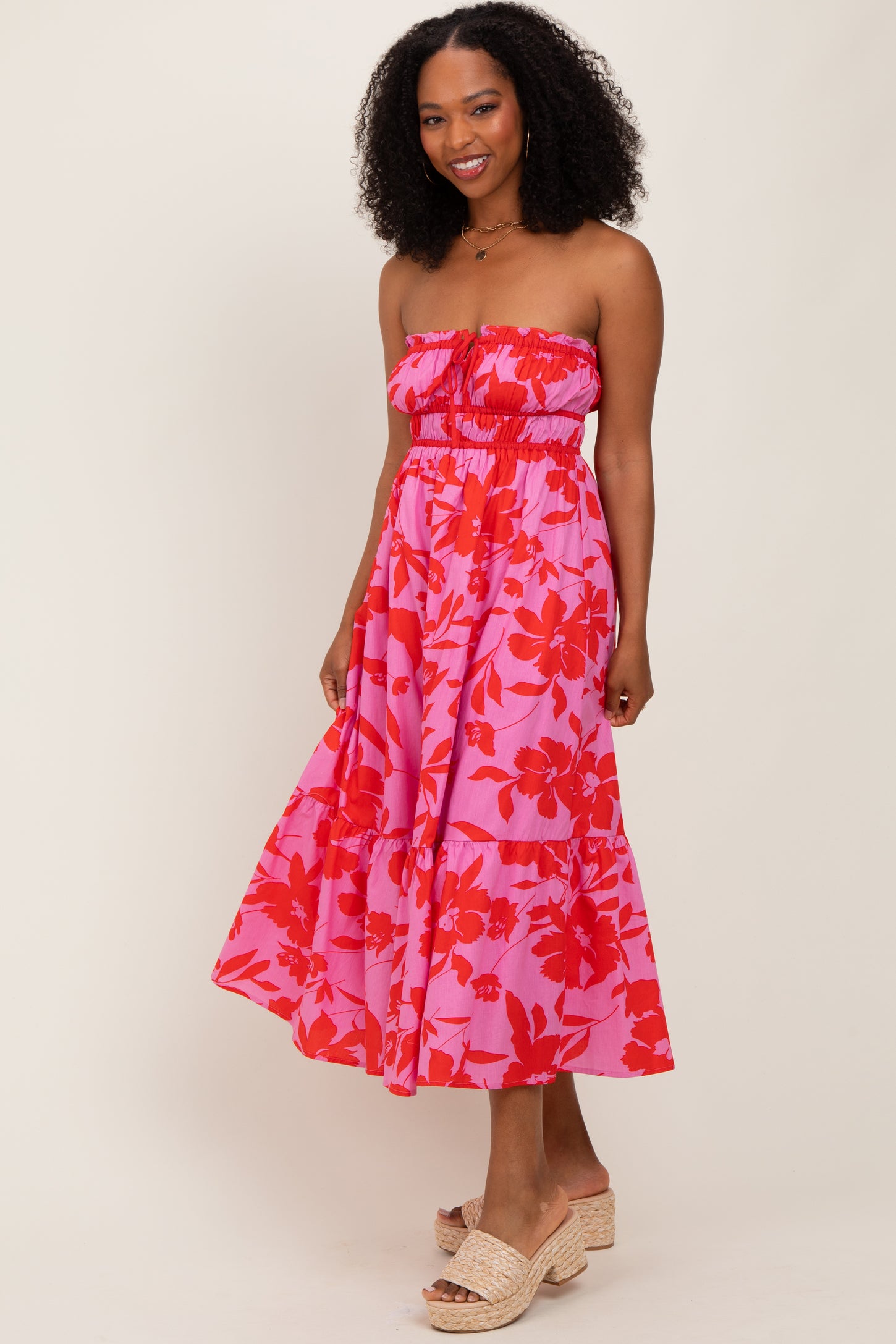 Pink Floral Strapless Front Tie Midi Dress