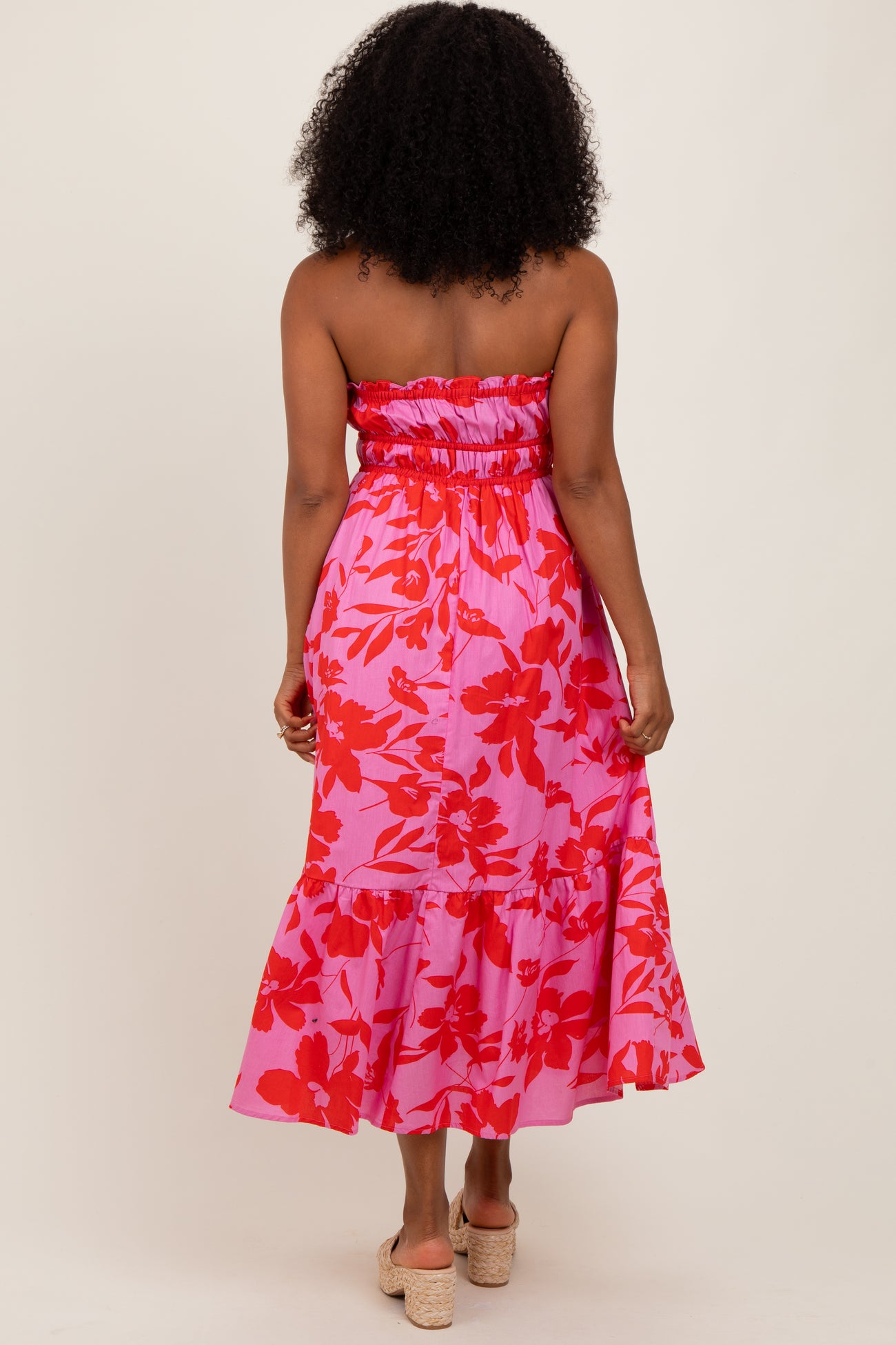 Pink Floral Strapless Front Tie Midi Dress