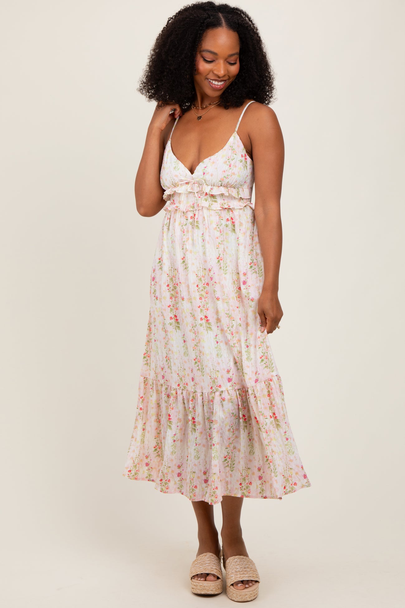 Yellow Floral Ruffle Accent Sleeveless Maternity Midi Dress