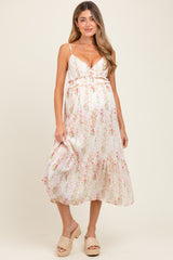 Yellow Floral Ruffle Accent Sleeveless Maternity Midi Dress