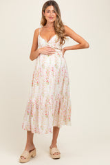 Yellow Floral Ruffle Accent Sleeveless Maternity Midi Dress