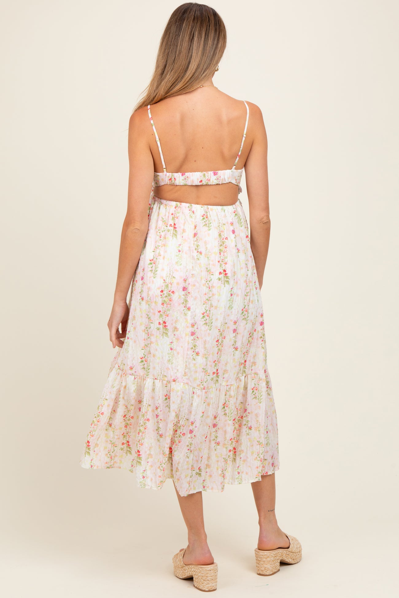 Yellow Floral Ruffle Accent Sleeveless Maternity Midi Dress