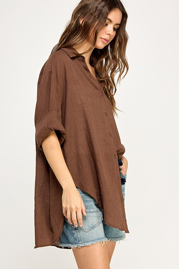 Light Brown Lightweight Sheer Button Down Blouse