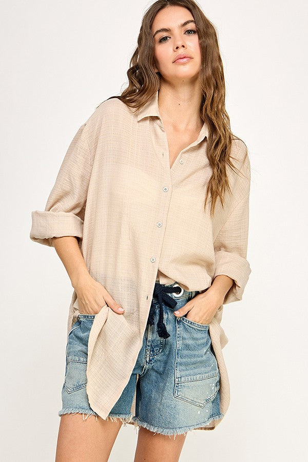 Light Beige Lightweight Sheer Button Down Blouse