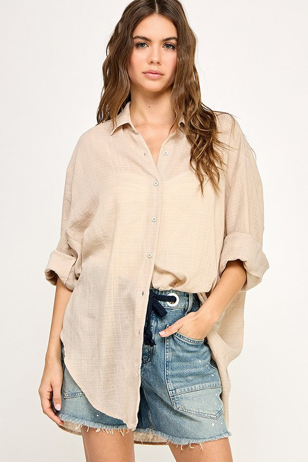 Light Beige Lightweight Sheer Button Down Blouse