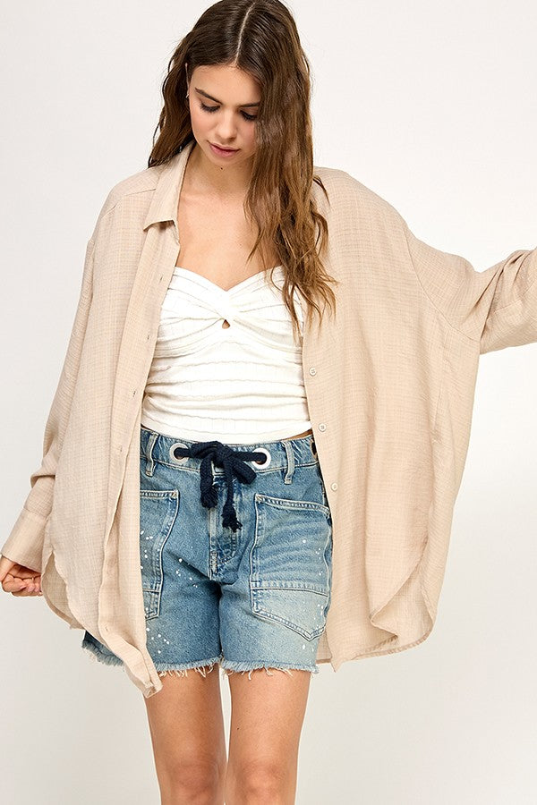 Light Beige Lightweight Sheer Button Down Blouse