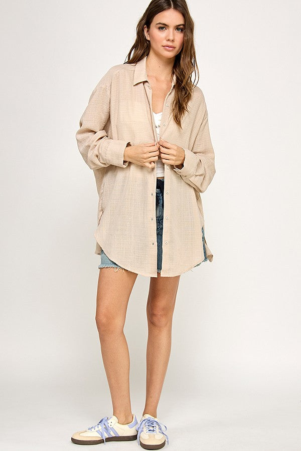 Light Beige Lightweight Sheer Button Down Blouse