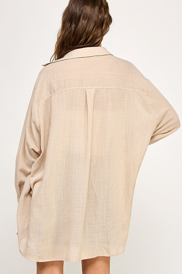 Light Beige Lightweight Sheer Button Down Blouse