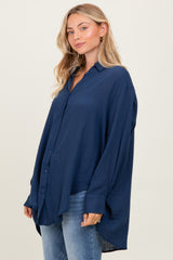 Navy Lightweight Sheer Button Down Blouse