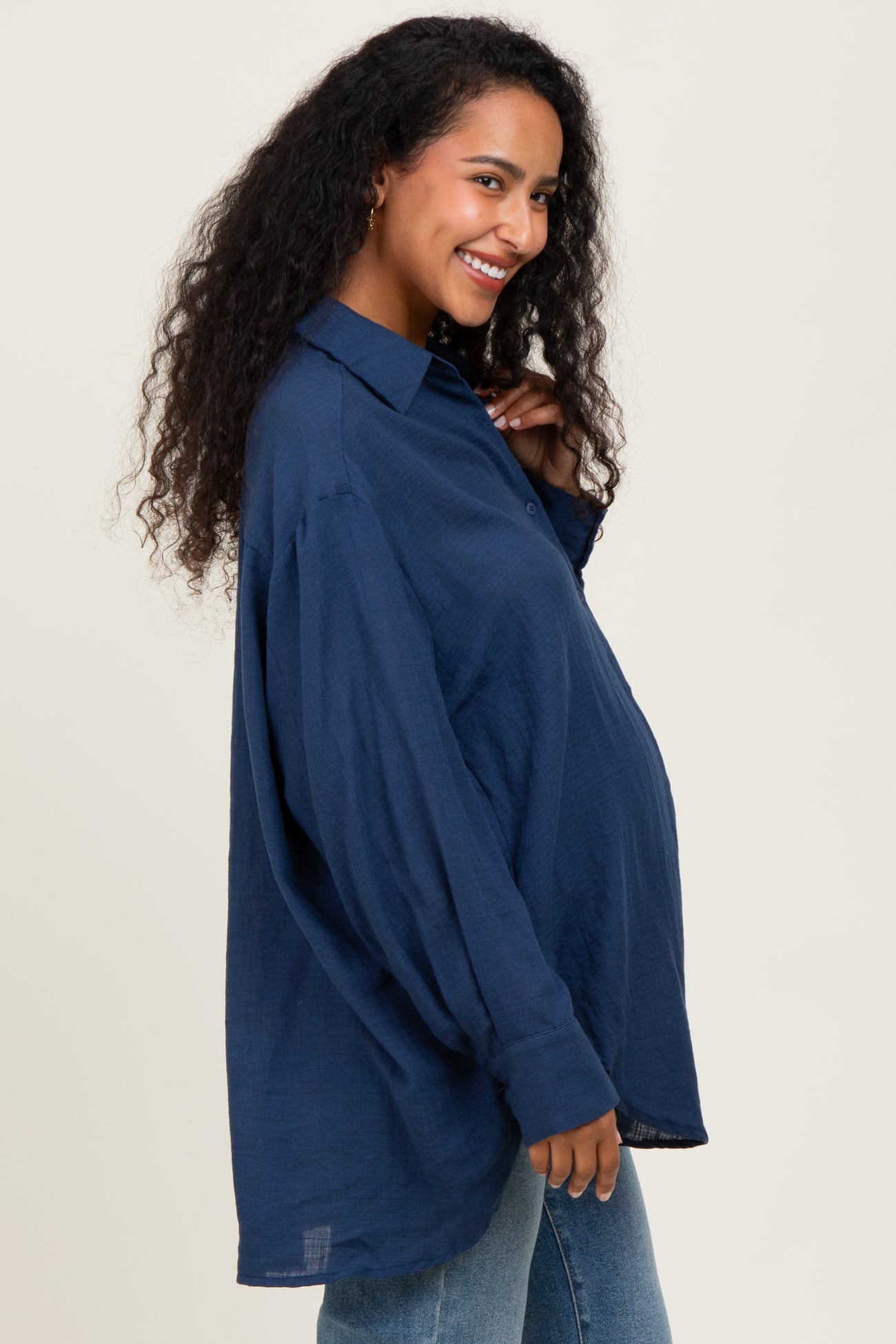 Navy Lightweight Sheer Button Down Maternity Blouse