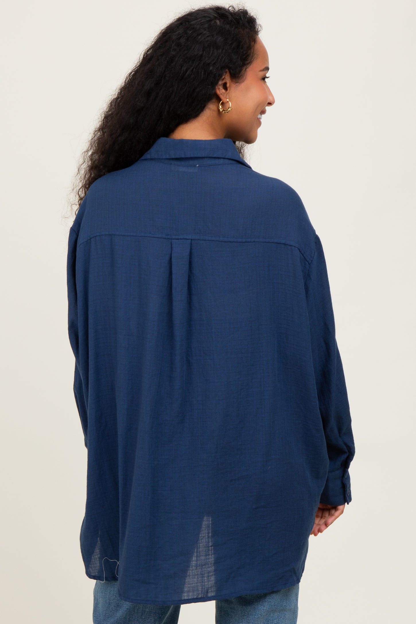 Navy Lightweight Sheer Button Down Maternity Blouse