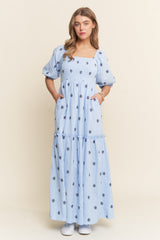 Light Blue Floral Smocked Puff Sleeve Maternity Maxi Dress