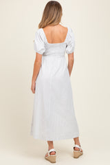 White Popcorn Smocking Bubble Sleeve Maternity Midi Dress
