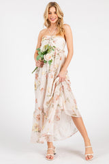 Cream Floral Chiffon Halter Maxi Dress