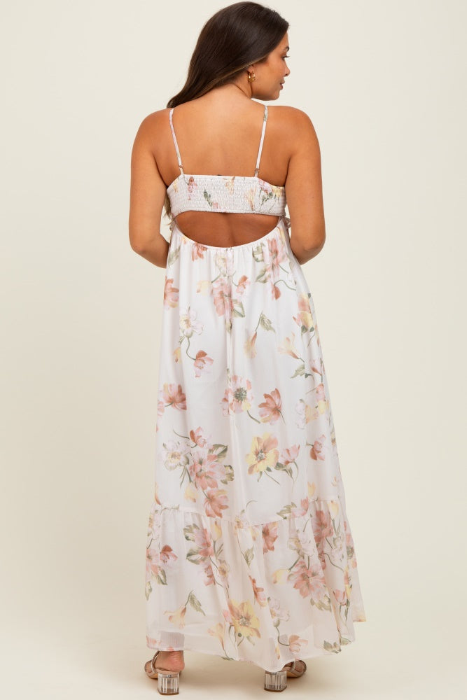 Cream Floral Chiffon Halter Maternity Maxi Dress