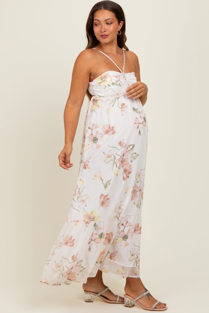 Cream Floral Chiffon Halter Maternity Maxi Dress
