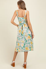 Green Floral Button Front Sash Tie Maternity Midi Dress