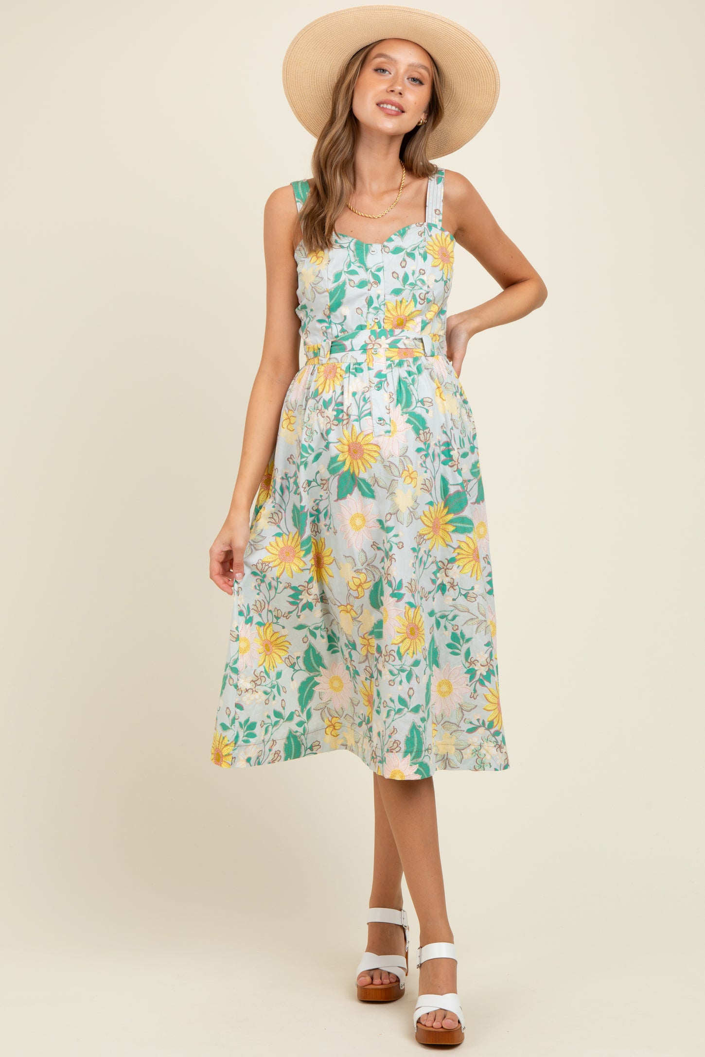 Green Floral Button Front Sash Tie Maternity Midi Dress