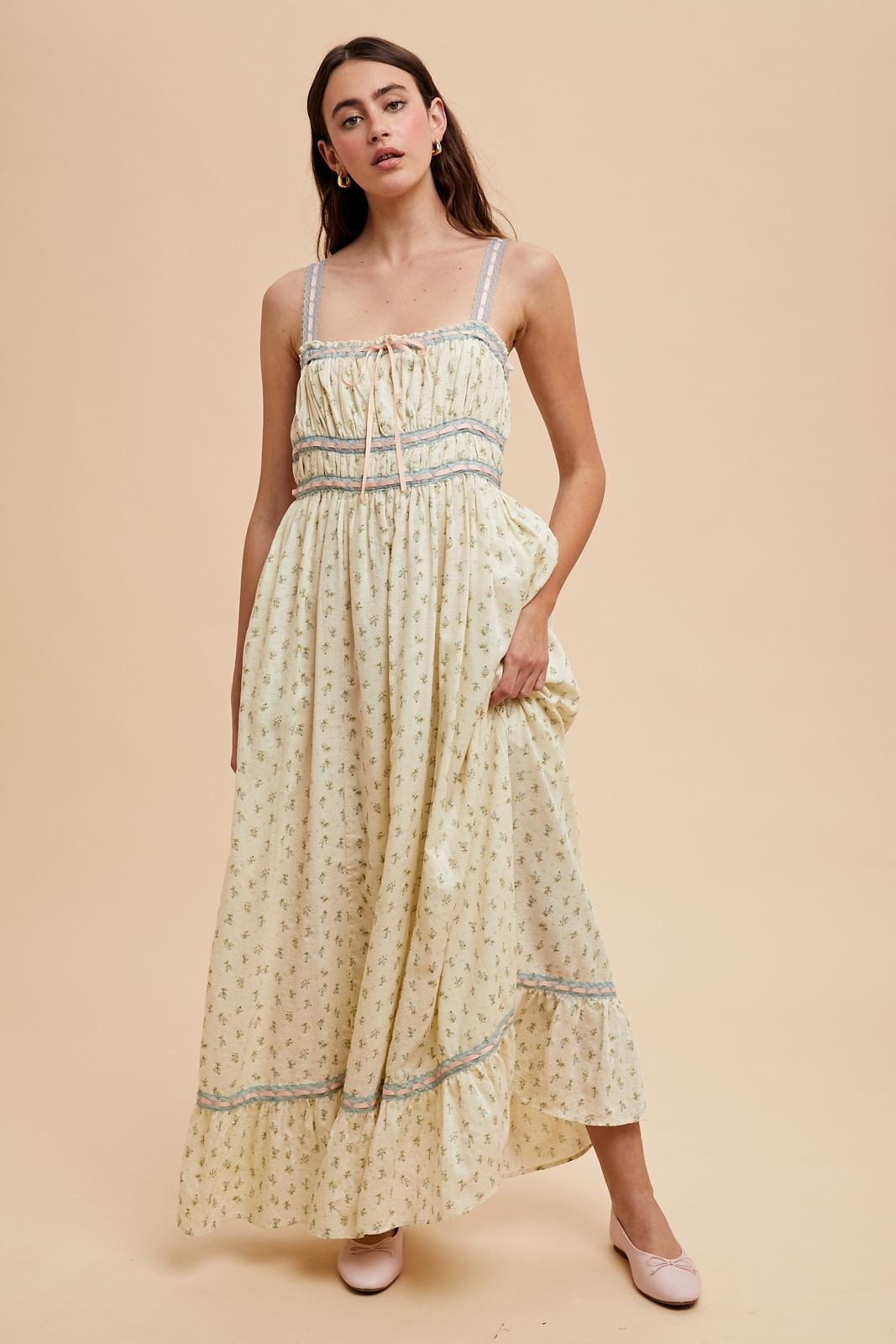 Blue Floral Ribbon Detail Sleeveless Maxi Dress