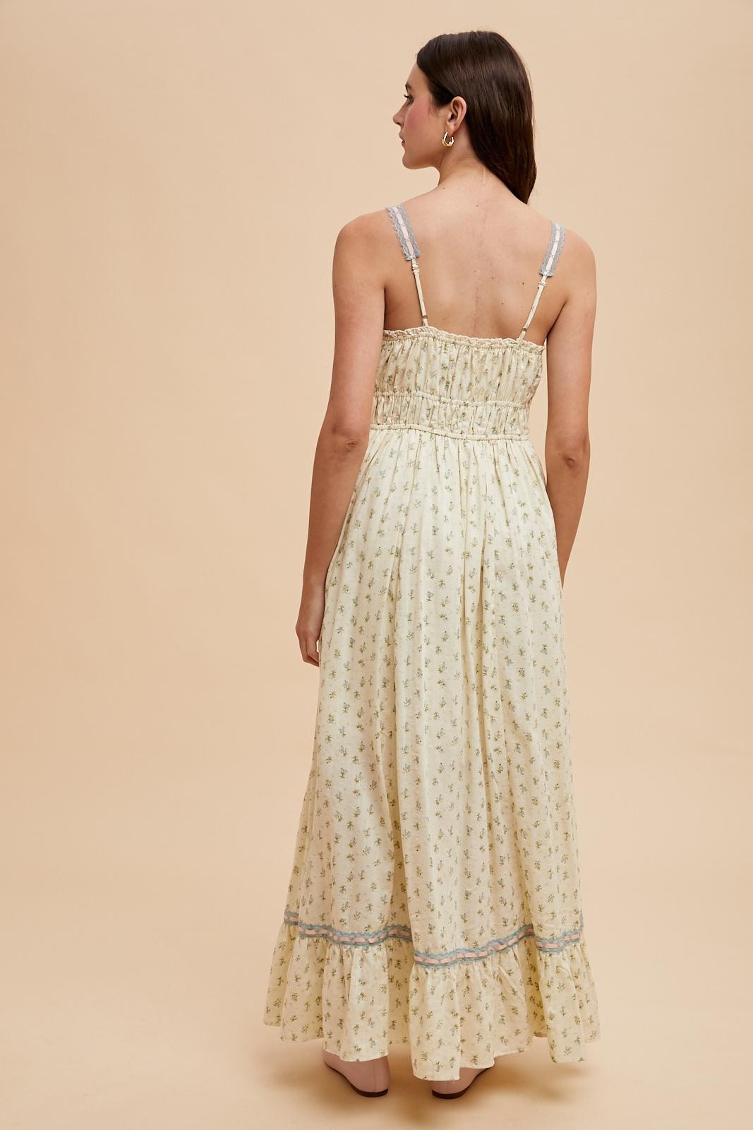 Blue Floral Ribbon Detail Sleeveless Maxi Dress