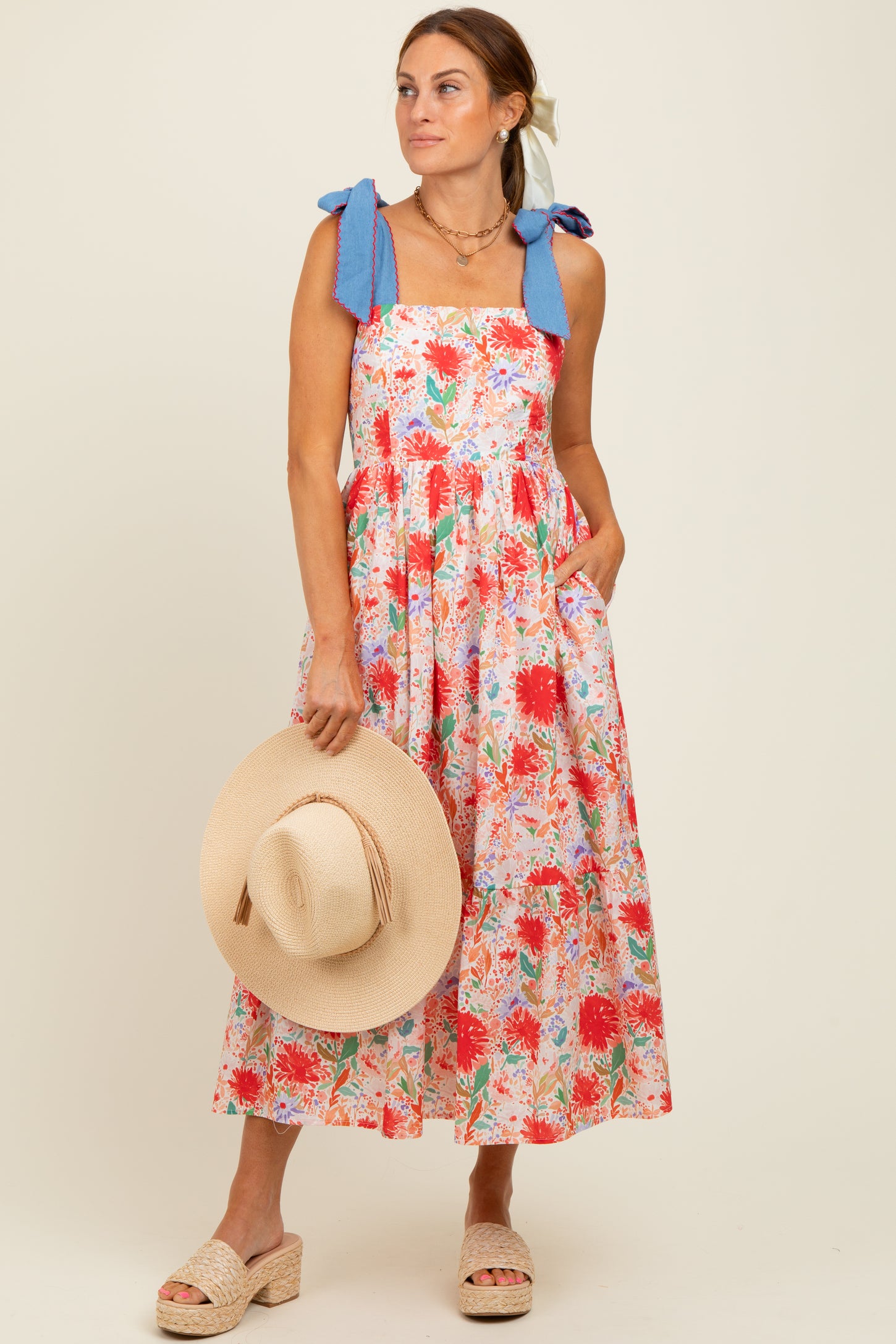 Red Floral Contrast Shoulder Tie Midi Dress