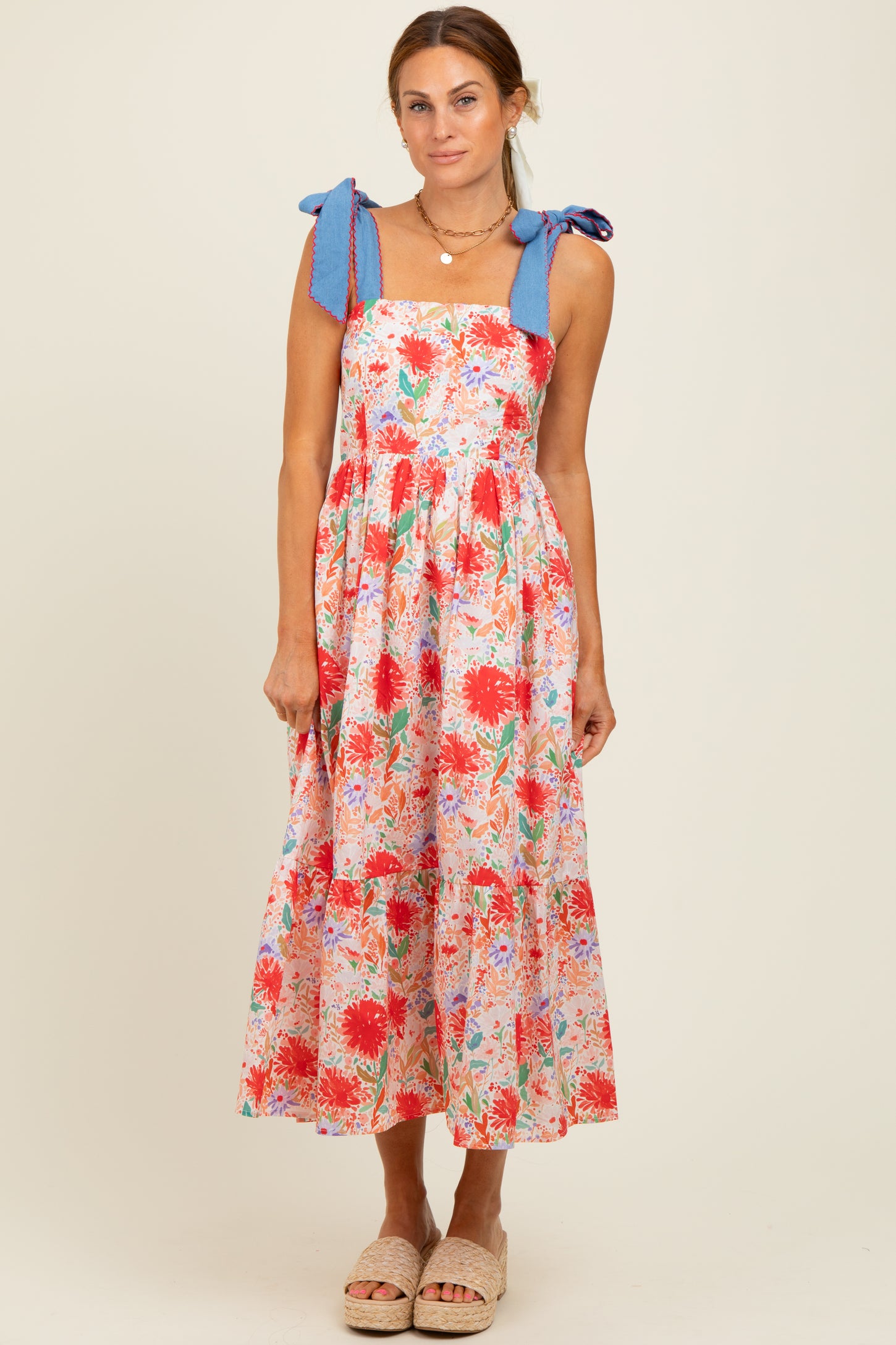 Red Floral Contrast Shoulder Tie Midi Dress