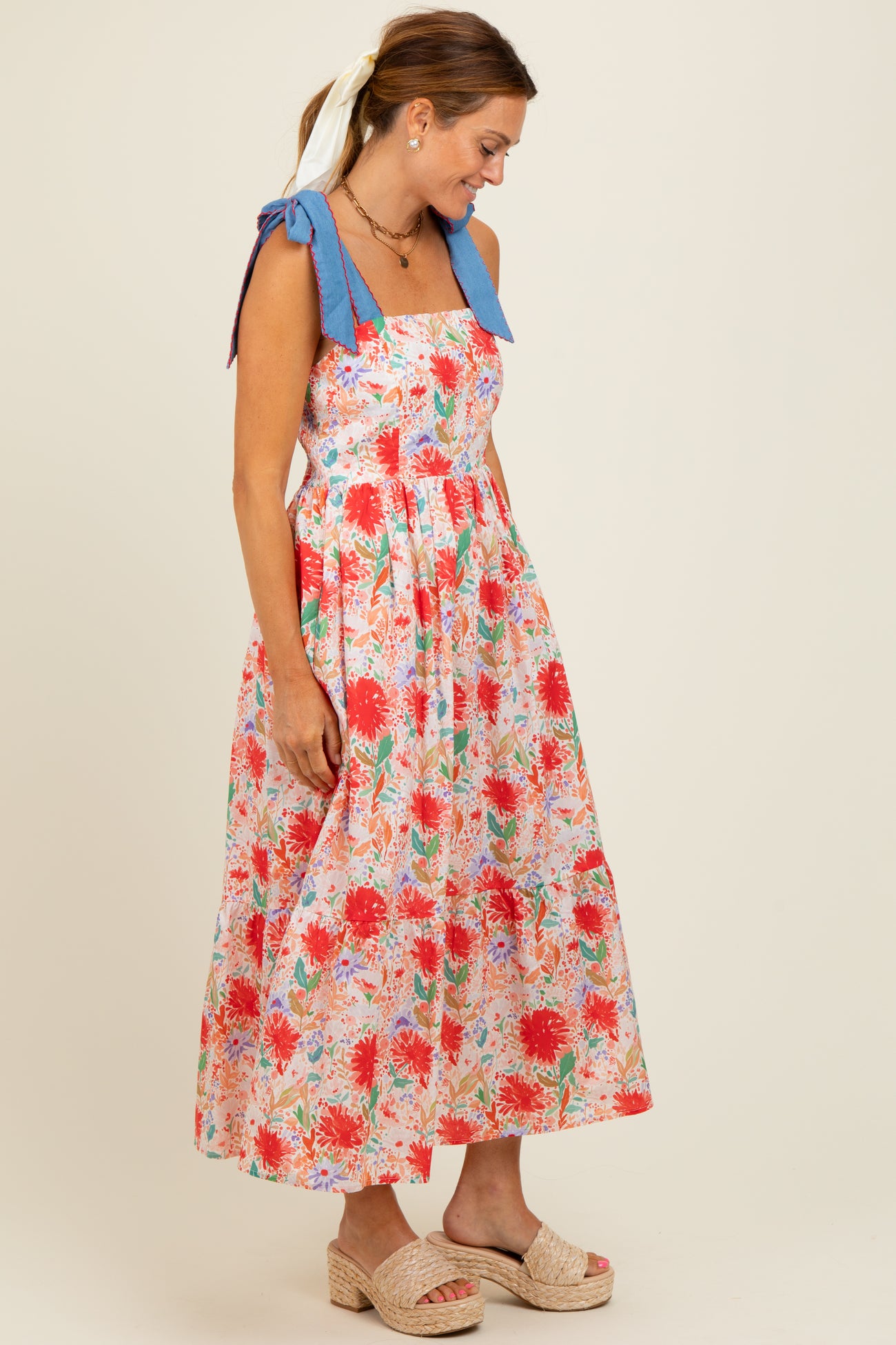 Red Floral Contrast Shoulder Tie Midi Dress