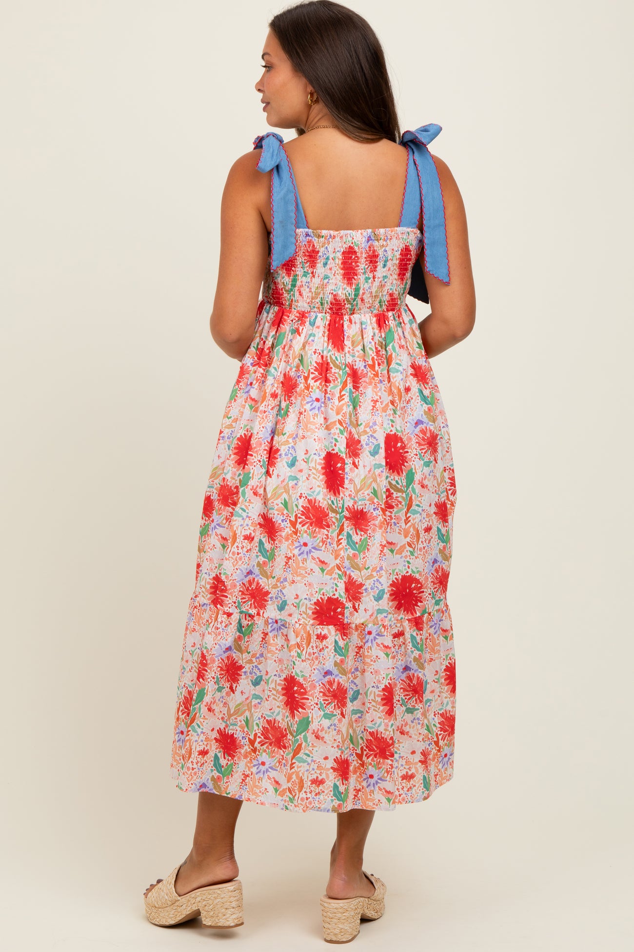 Red Floral Contrast Shoulder Tie Maternity Midi Dress