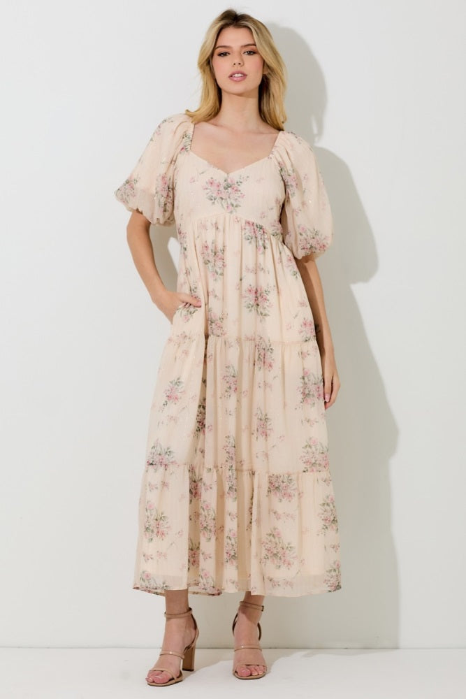 Cream Floral Striped Puff Sleeve Midi Dress