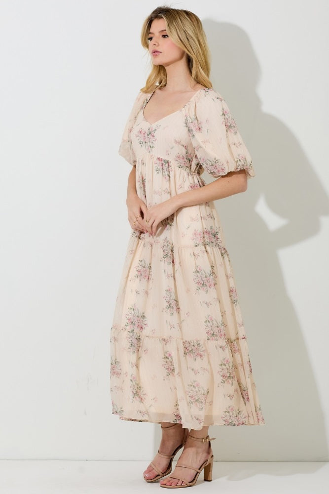 Cream Floral Striped Puff Sleeve Midi Dress