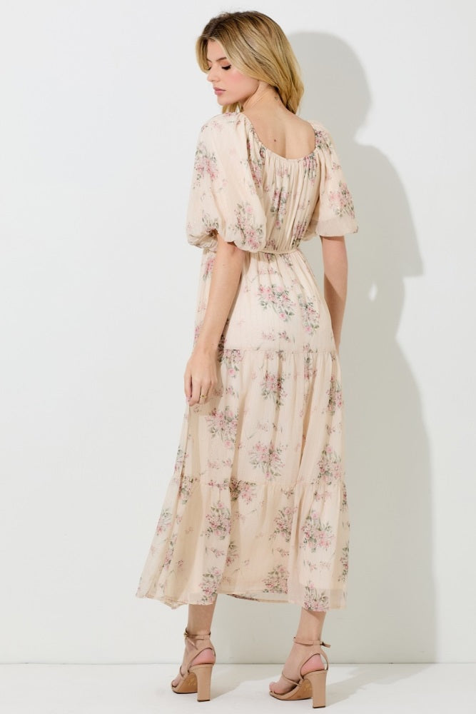 Cream Floral Striped Puff Sleeve Midi Dress
