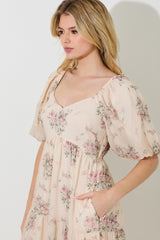 Cream Floral Striped Puff Sleeve Midi Dress