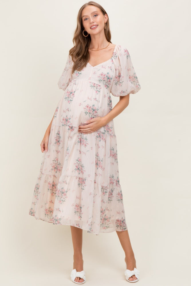 Cream Floral Striped Puff Sleeve Maternity Midi Dress