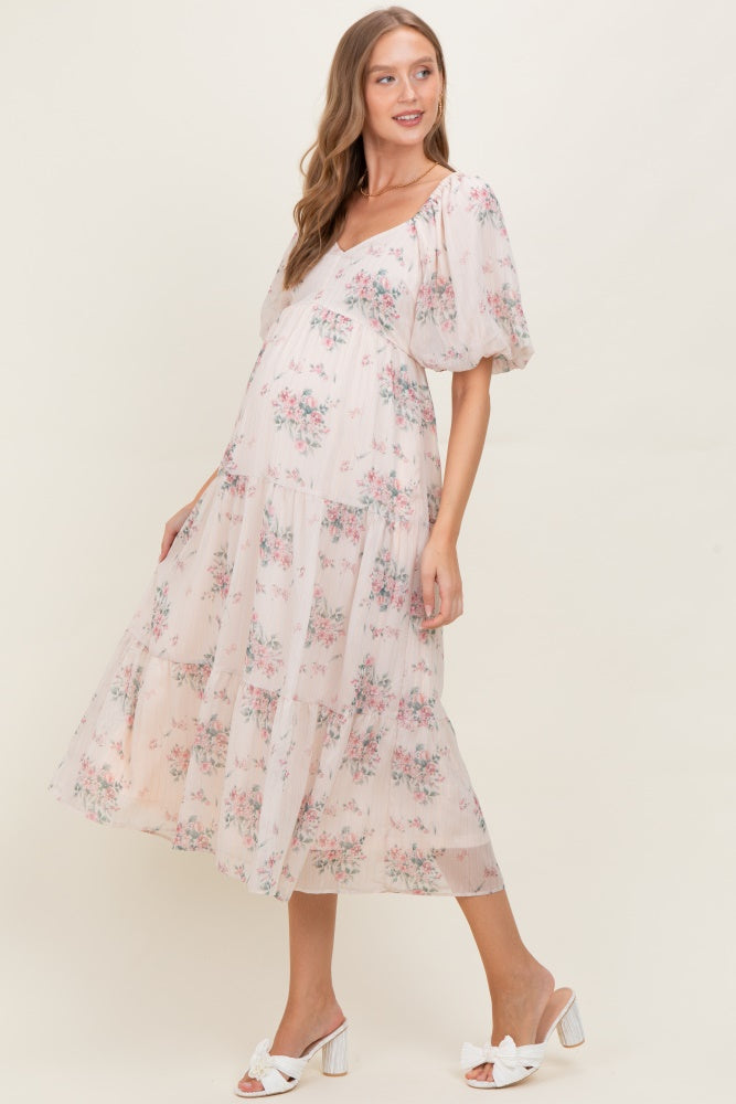 Cream Floral Striped Puff Sleeve Maternity Midi Dress