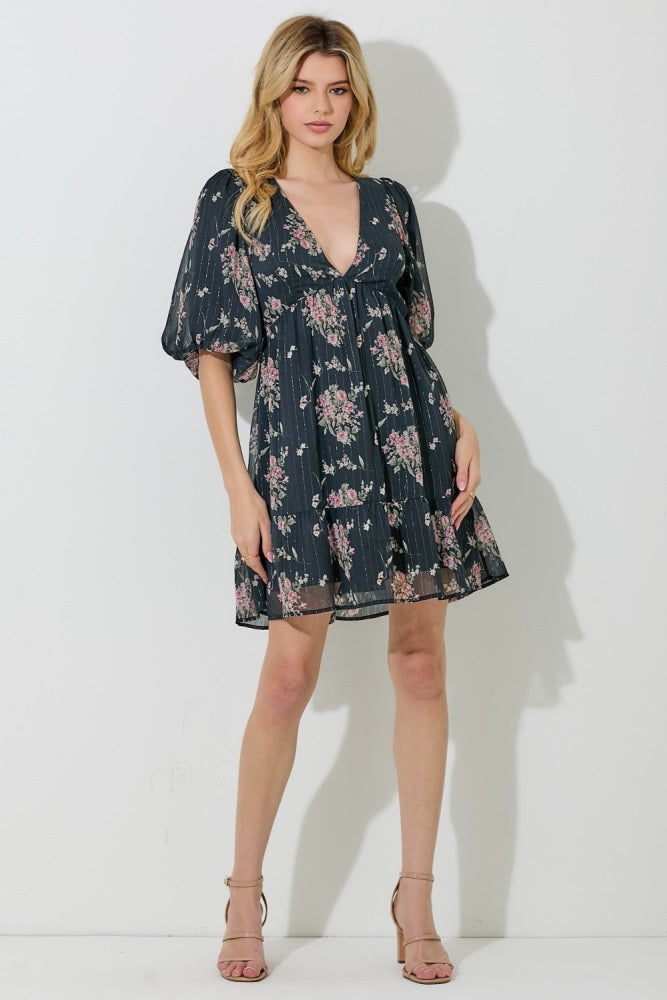 Black Floral Striped V-Neck Cutout Mini Dress