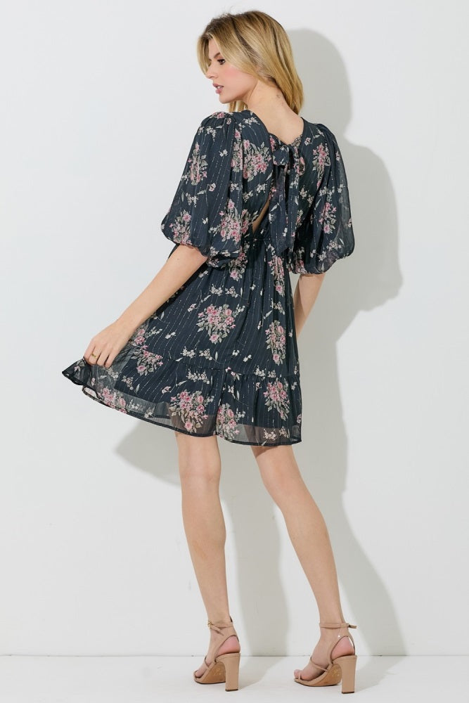 Black Floral Striped V-Neck Cutout Mini Dress