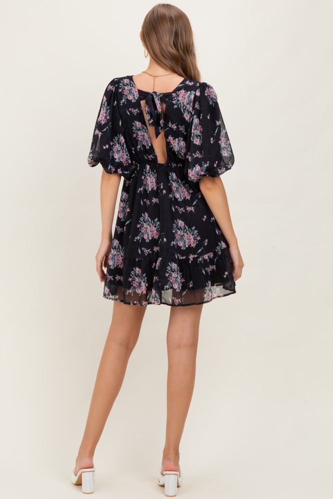 Black Floral Striped V-Neck Cutout Maternity Mini Dress