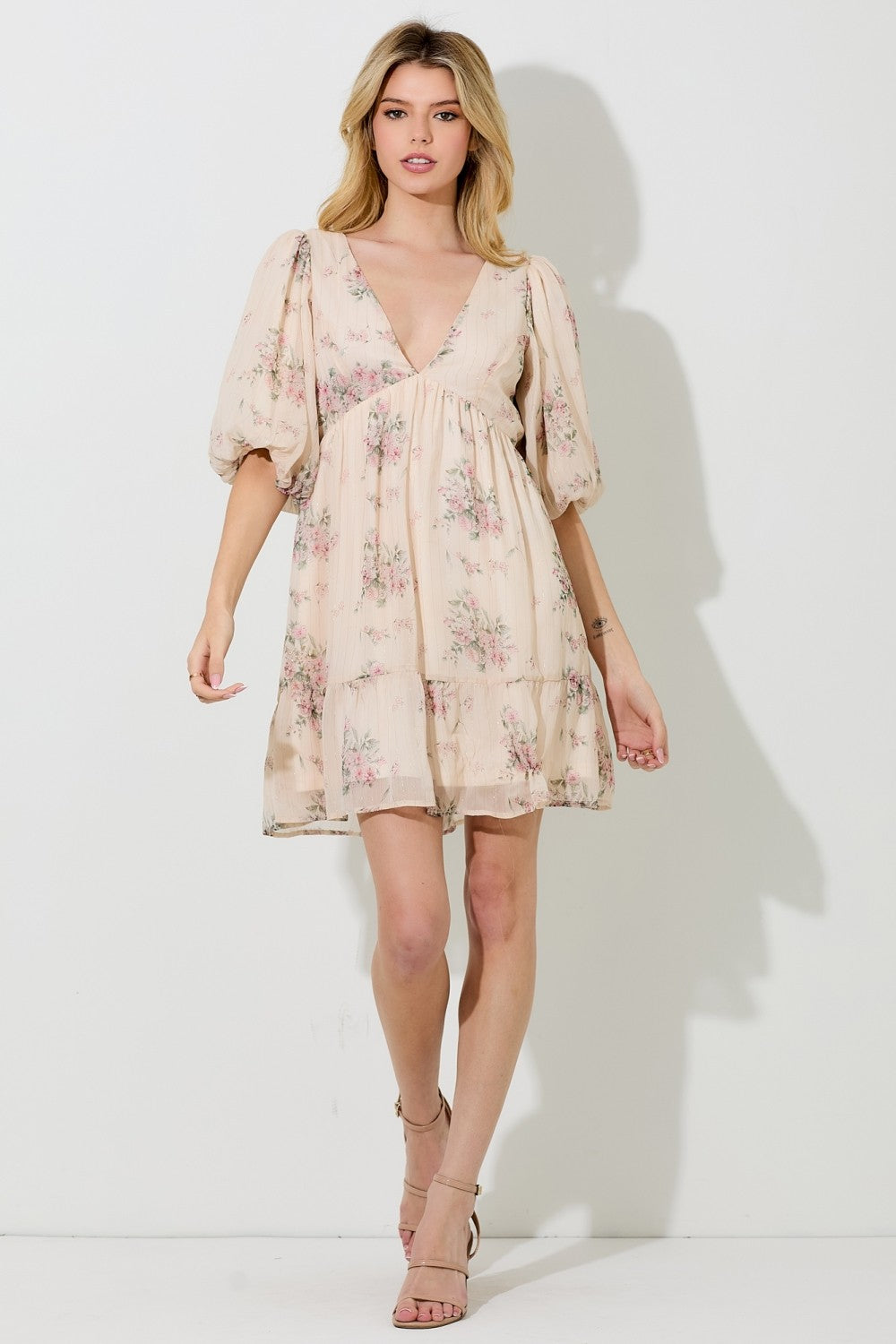 Cream Floral Striped V-Neck Cutout Mini Dress