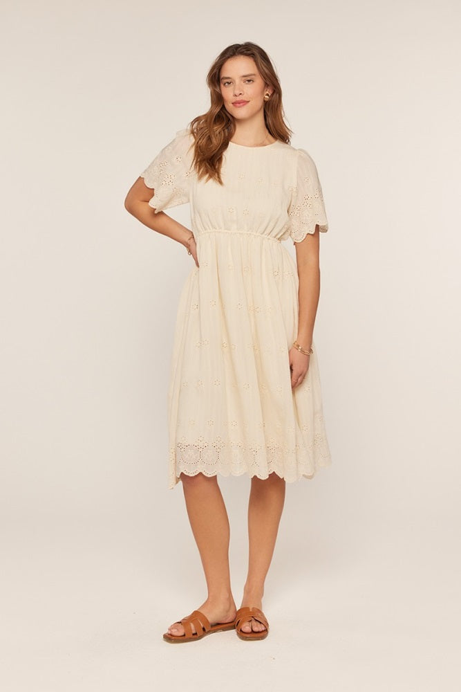 Cream Eyelet Lace Scallop Hem Midi Dress