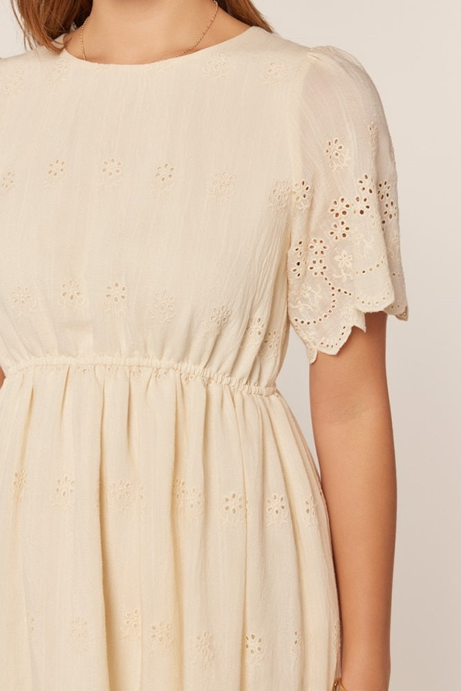 Cream Eyelet Lace Scallop Hem Midi Dress