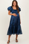 Navy Organza Puff Sleeve Maternity Midi Dress