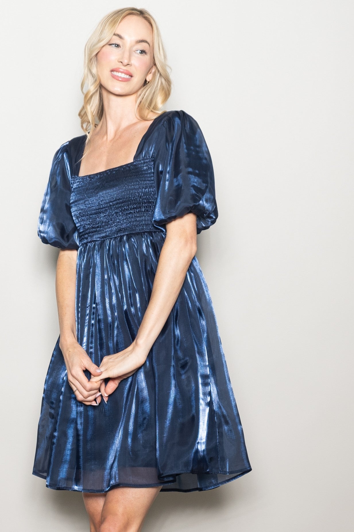Navy Organza Smocked Puff Sleeve Maternity Mini Dress