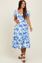 Blue Floral Puff Sleeve Tie Maternity Midi Dress