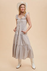 Light Blue Cotton Plaid Maternity Maxi Dress