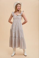 Light Blue Cotton Plaid Maxi Dress