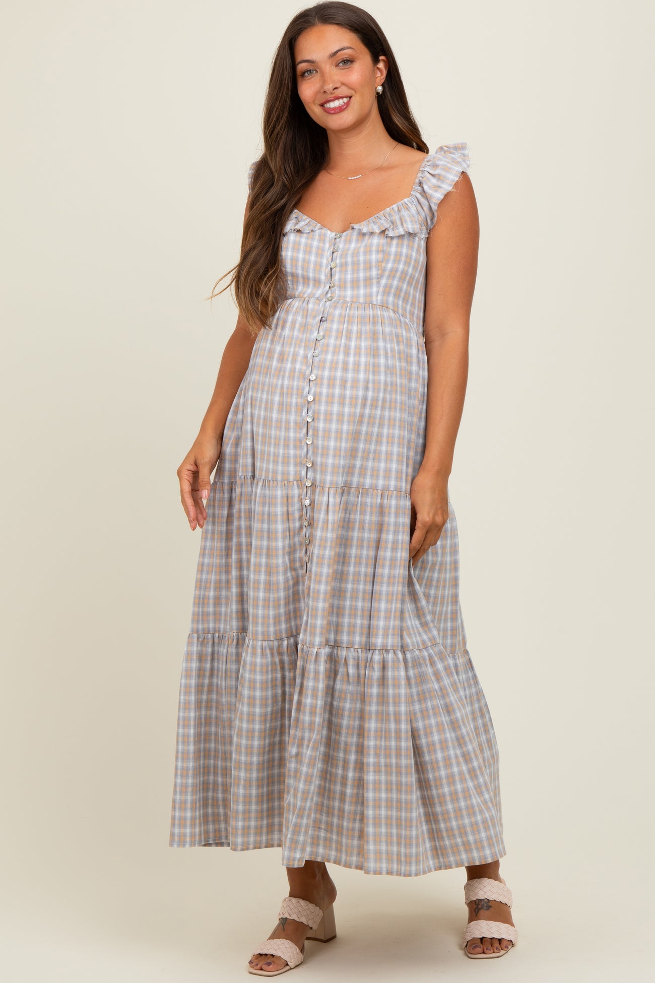 Light Blue Cotton Plaid Maternity Maxi Dress