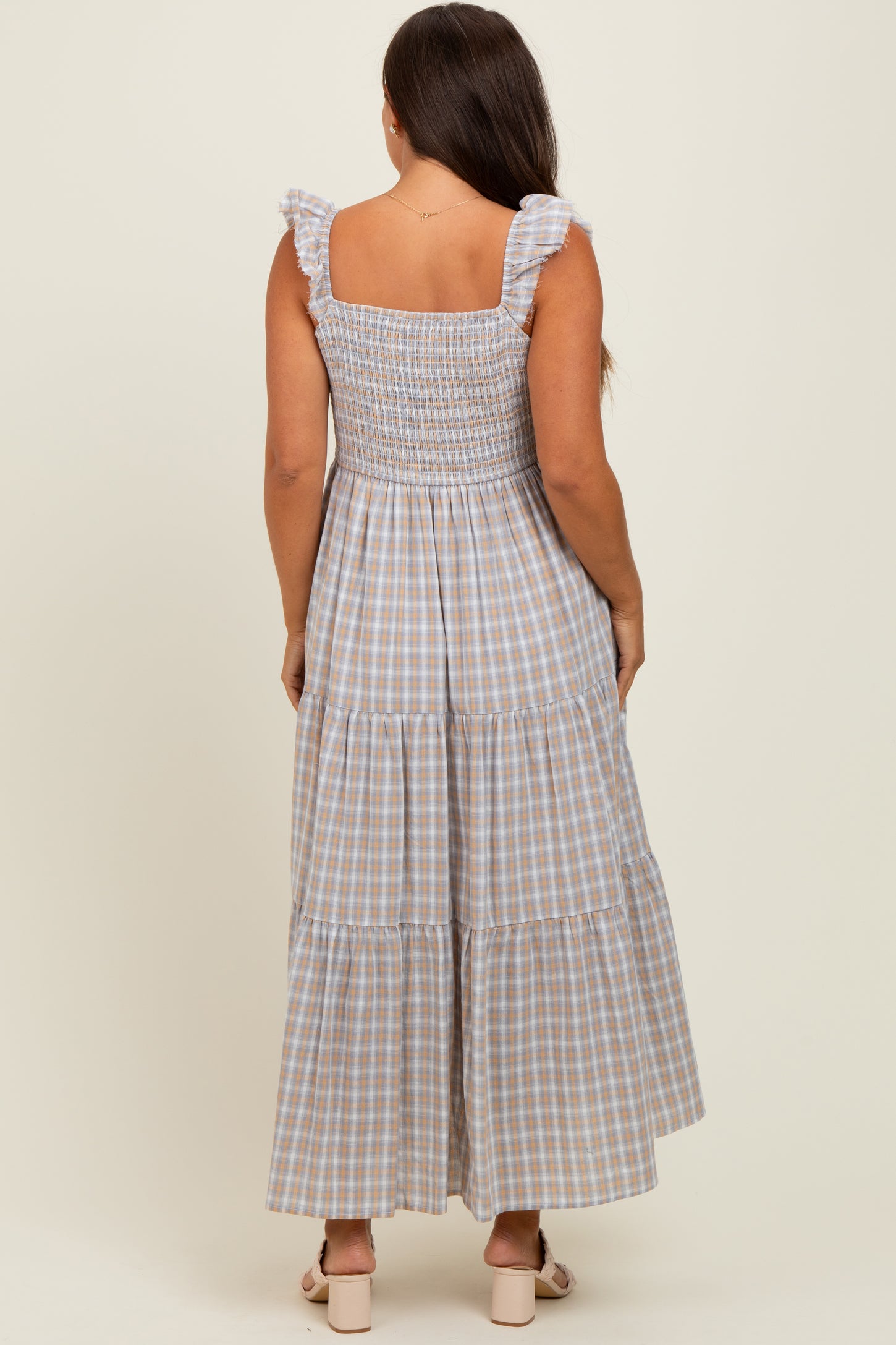 Light Blue Cotton Plaid Maternity Maxi Dress