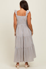 Light Blue Cotton Plaid Maternity Maxi Dress